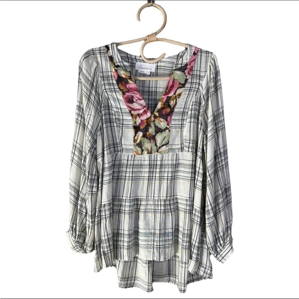 Anthropologie Split Neck Mixed Media Metallic Floral Linen Blend Tunic NWOT - Picture 3 of 14